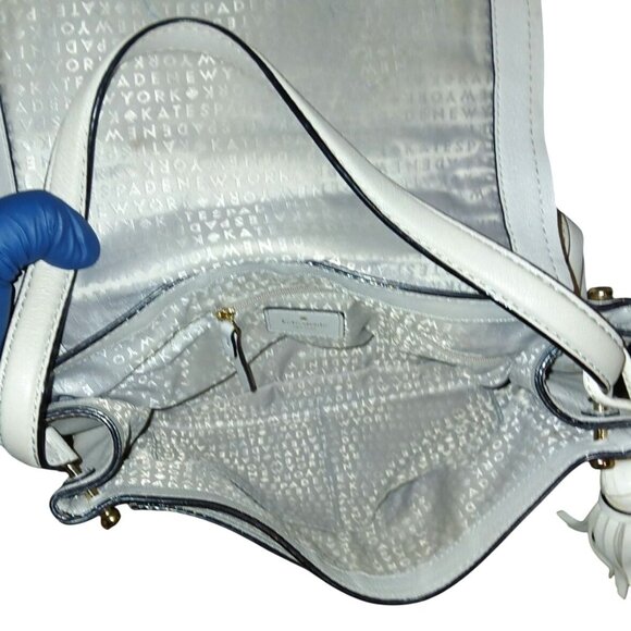 Kate Spade Leather Handbag Tassel Morter Pratt Street Rianne Neutral Gray White - Picture 9 of 12